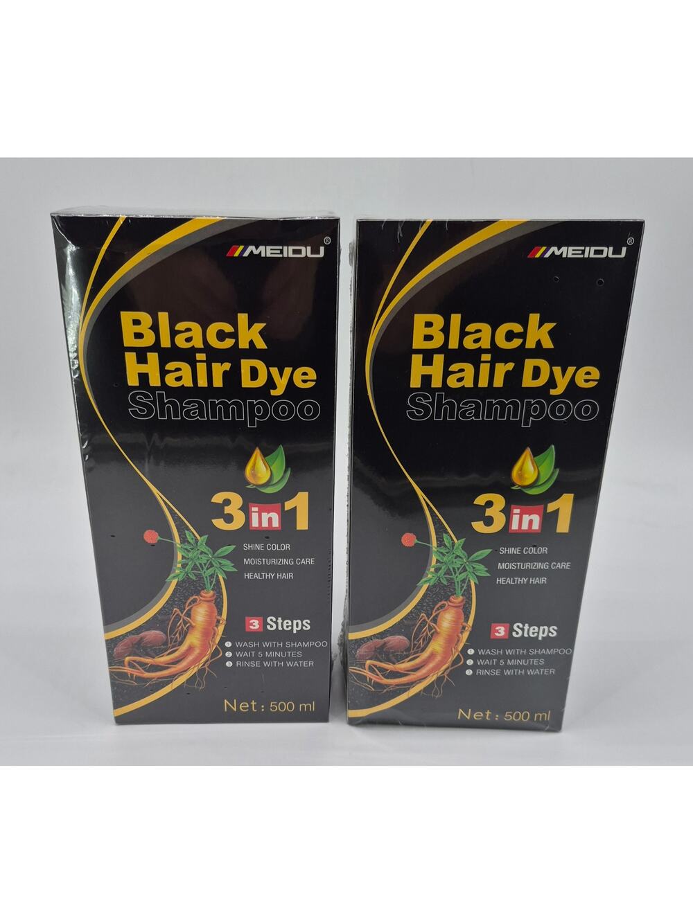 Meidu Black Hair Dye Shampoo 3 in 1 Natural Black‎ Ginseng 500ml Lot of 2 New